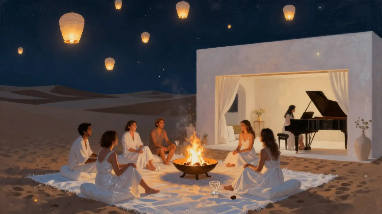Desert villa lit by lanterns, guests gathered around a fire pit under a starry sky, dressed entirely in white.