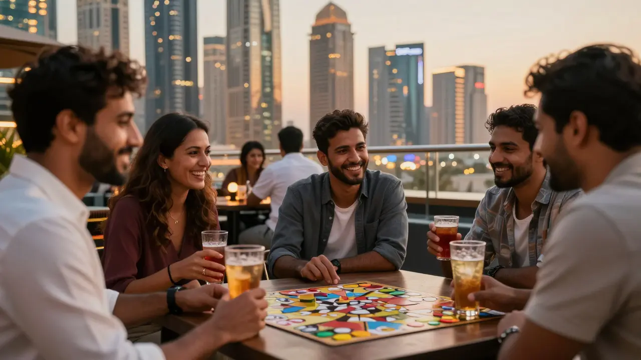 Diverse expats enjoying laughter and drinks at a glowing Dubai rooftop bar, sharing real connection.