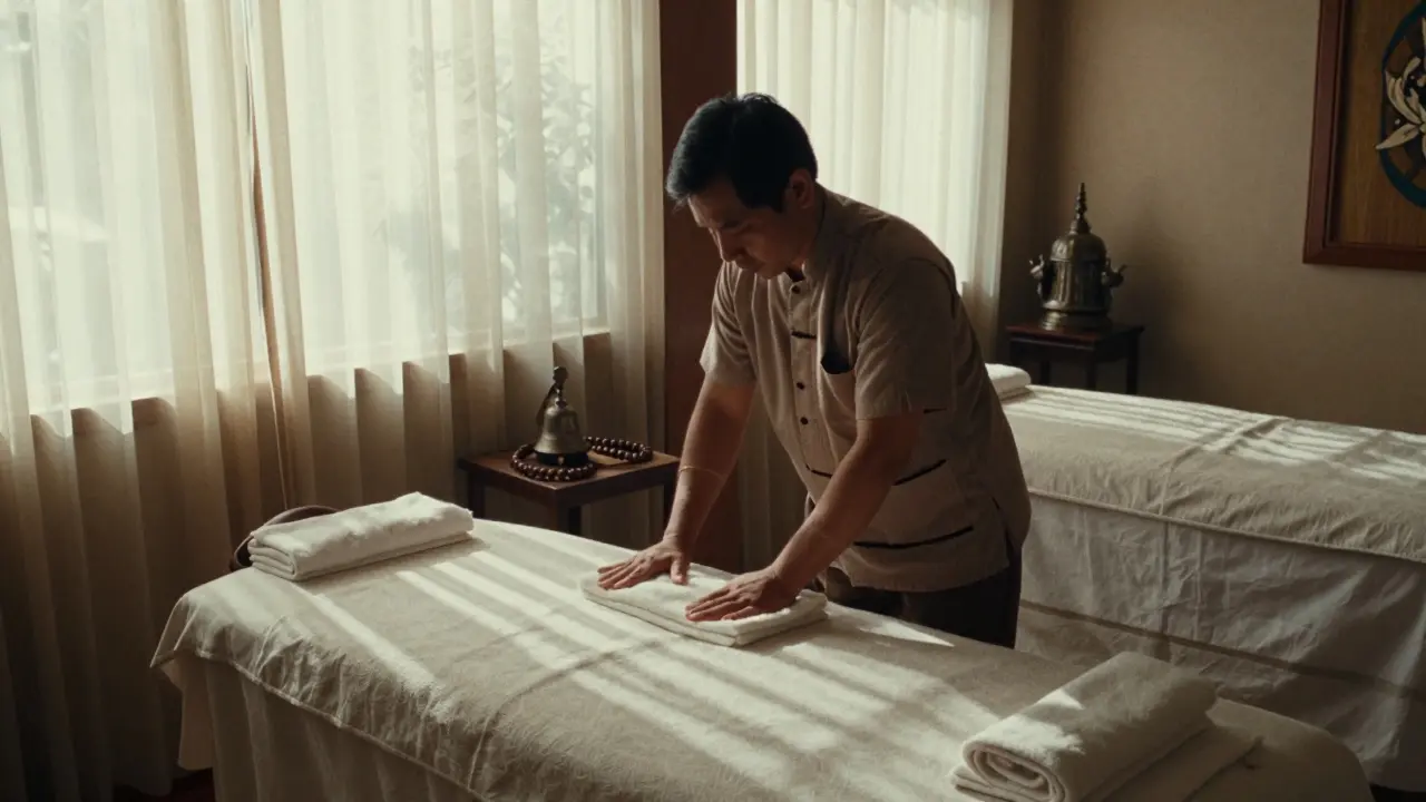 Empty traditional Thai massage room at dawn, therapist preparing mat with towels and incense, sunlight through curtains.