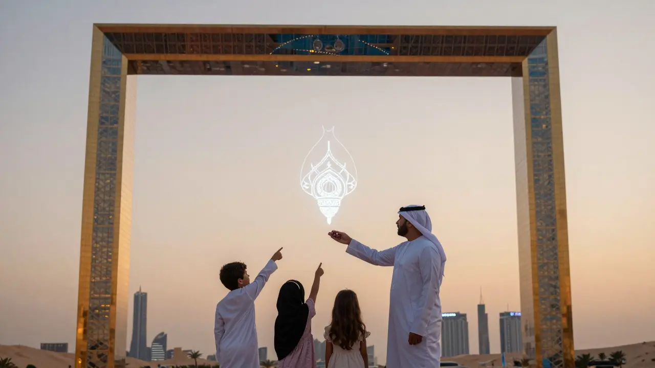 Family at Dubai Frame seeing a light show that blends desert and city reflections.