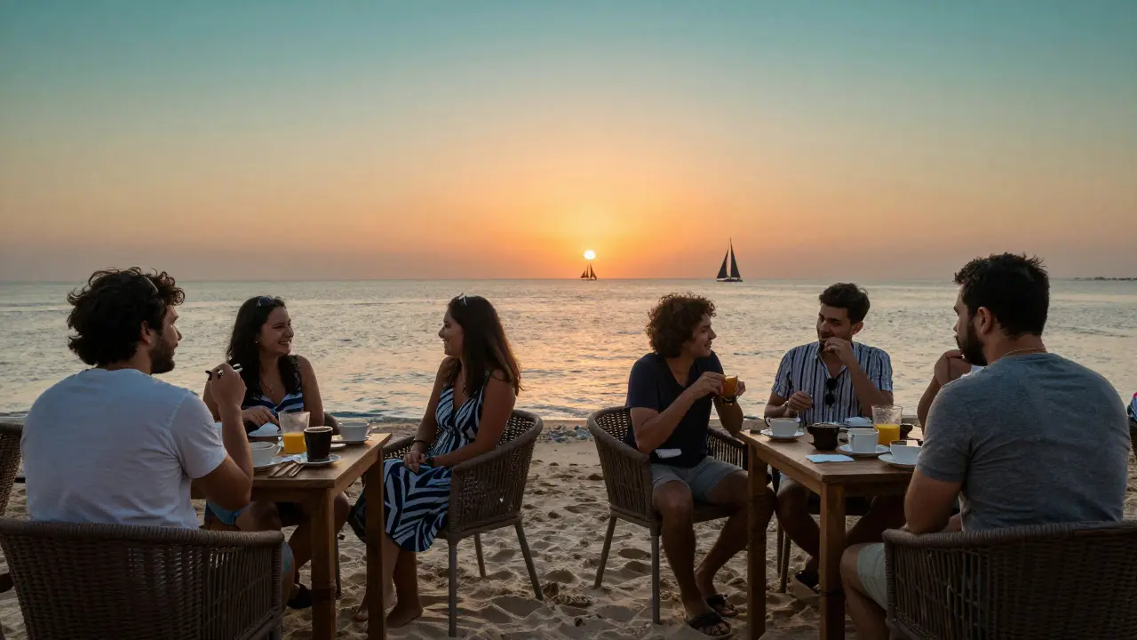 Friends laughing at a beachside cafe in Dubai as the sun sets over the water.
