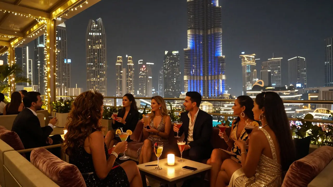 Guests on a private terrace sipping cocktails with the Burj Khalifa glowing in the background.