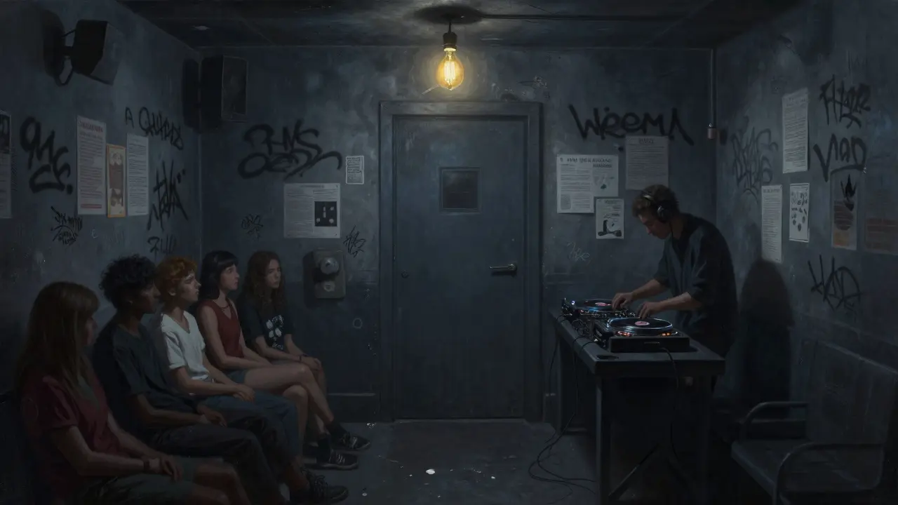 Hidden underground club with dim lighting, lone DJ, and quiet crowd in gritty Al Quoz alleyway.