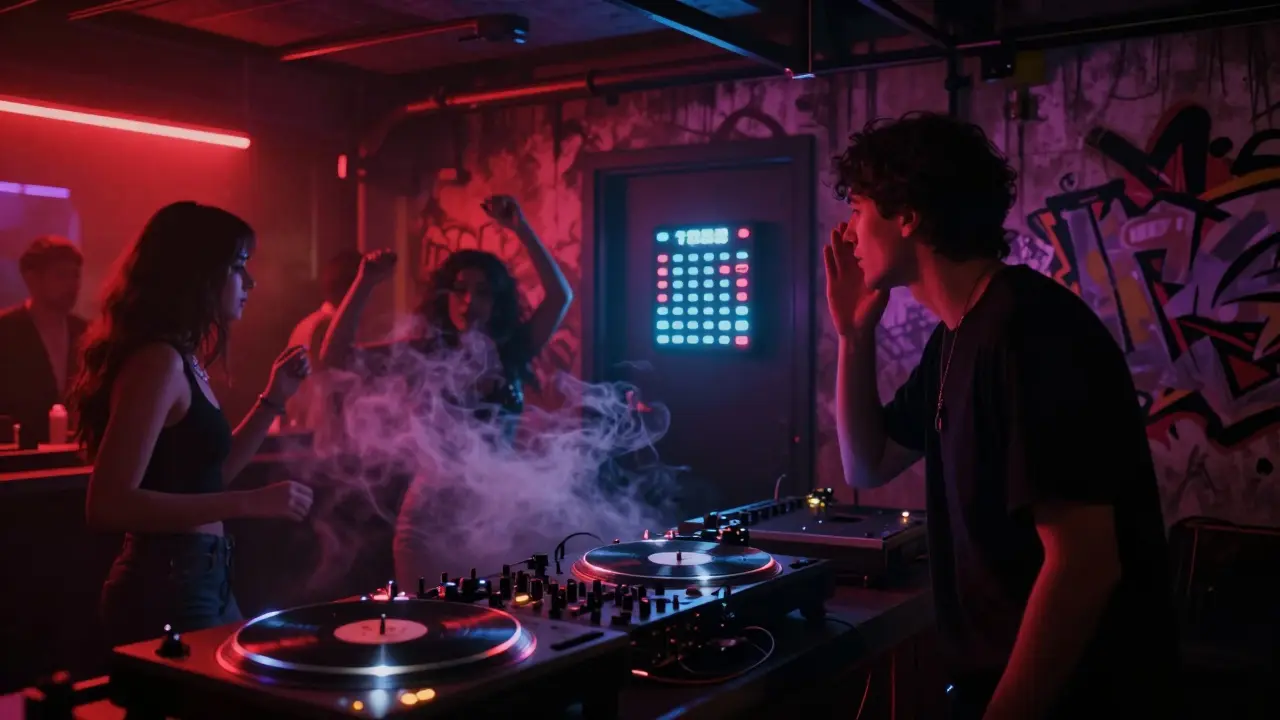 Hidden underground techno bar in Al Quoz with glowing code door and dancers in smoky dim light.