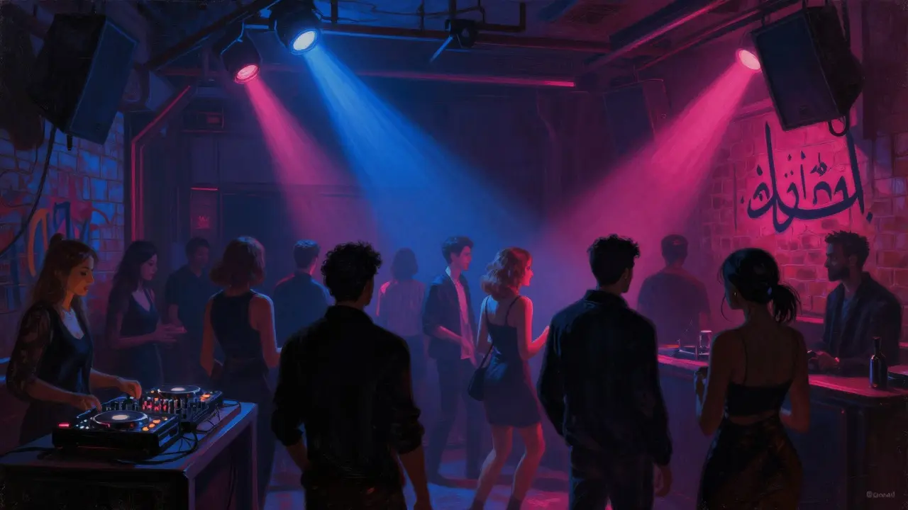 Inside a dimly lit Dubai underground club with strobe lights and dancers moving to techno music.