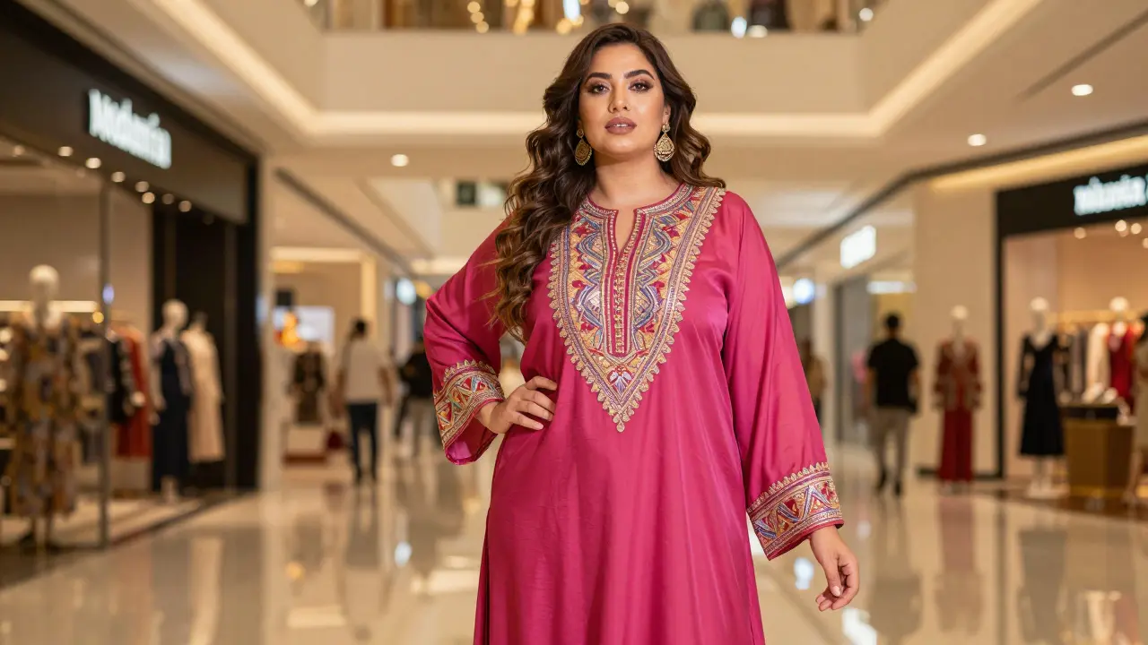 Plus-size model posing in a luxurious Dubai mall wearing modern modest fashion.
