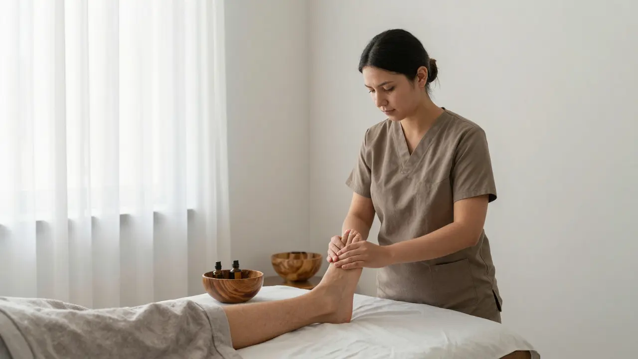 Reflexology session in a quiet minimalist studio with therapist focusing on foot pressure.