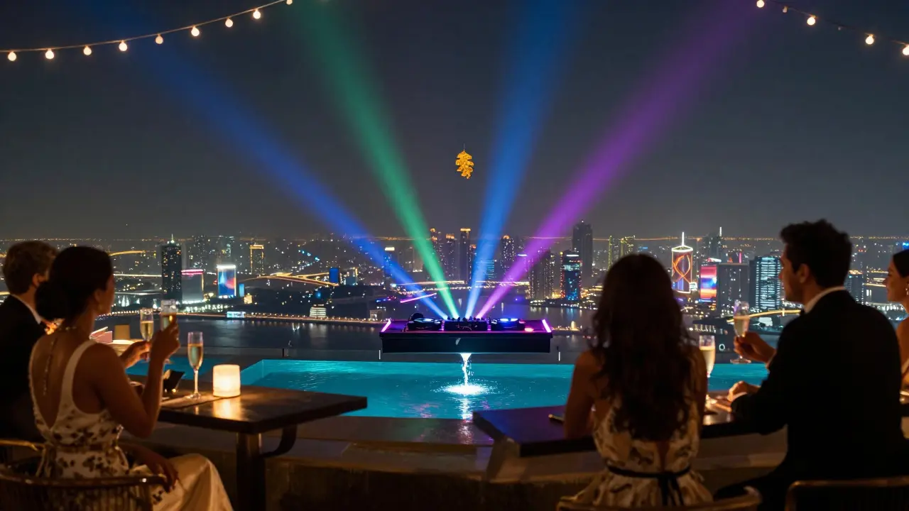 Rooftop bar guests sipping champagne with golden light reflecting off the Persian Gulf.