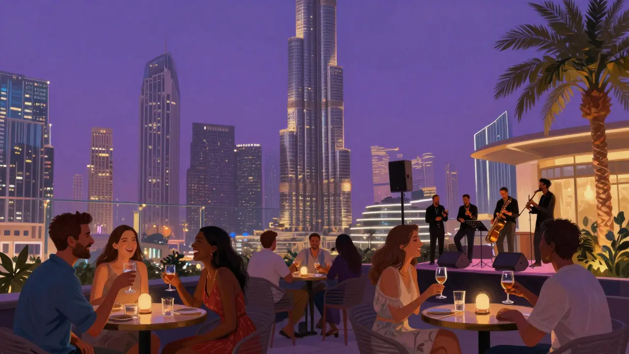 Rooftop party in Dubai with Burj Khalifa in the background and live jazz music.