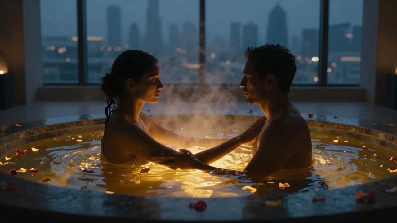 Silhouettes of therapist and client connected through oil and light, symbolizing deep relaxation and trust.