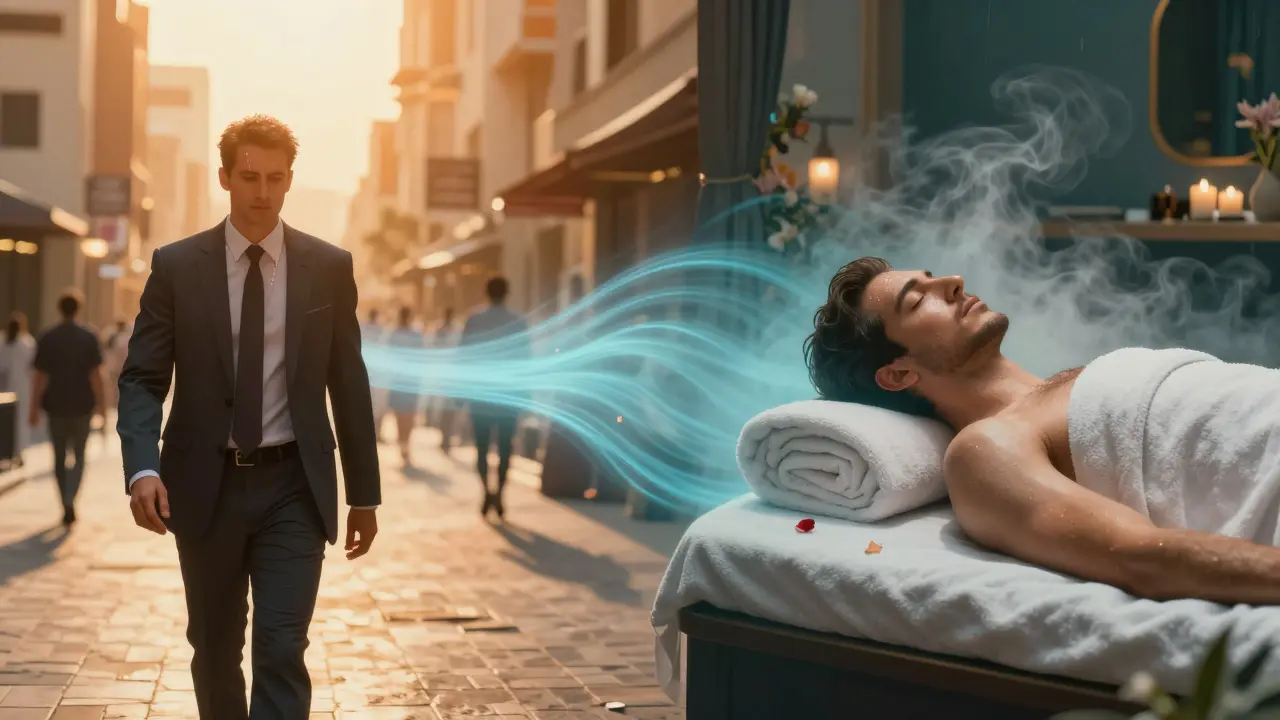 Split image: stressed person in busy Dubai street vs. same person peacefully massaged in a serene spa.