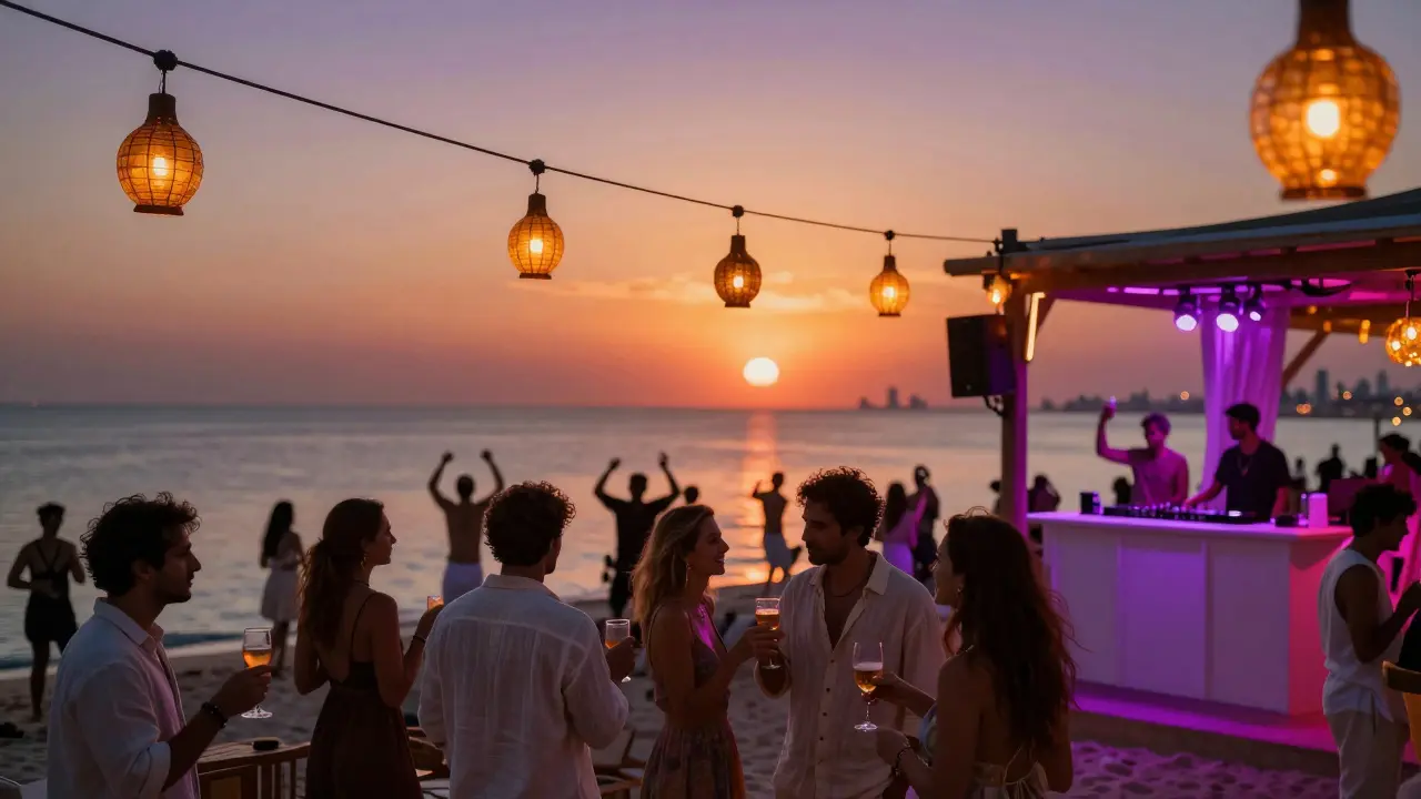 Sunset at a Dubai beach club with lanterns, dancing guests, and neon DJ lights reflecting on ocean water.
