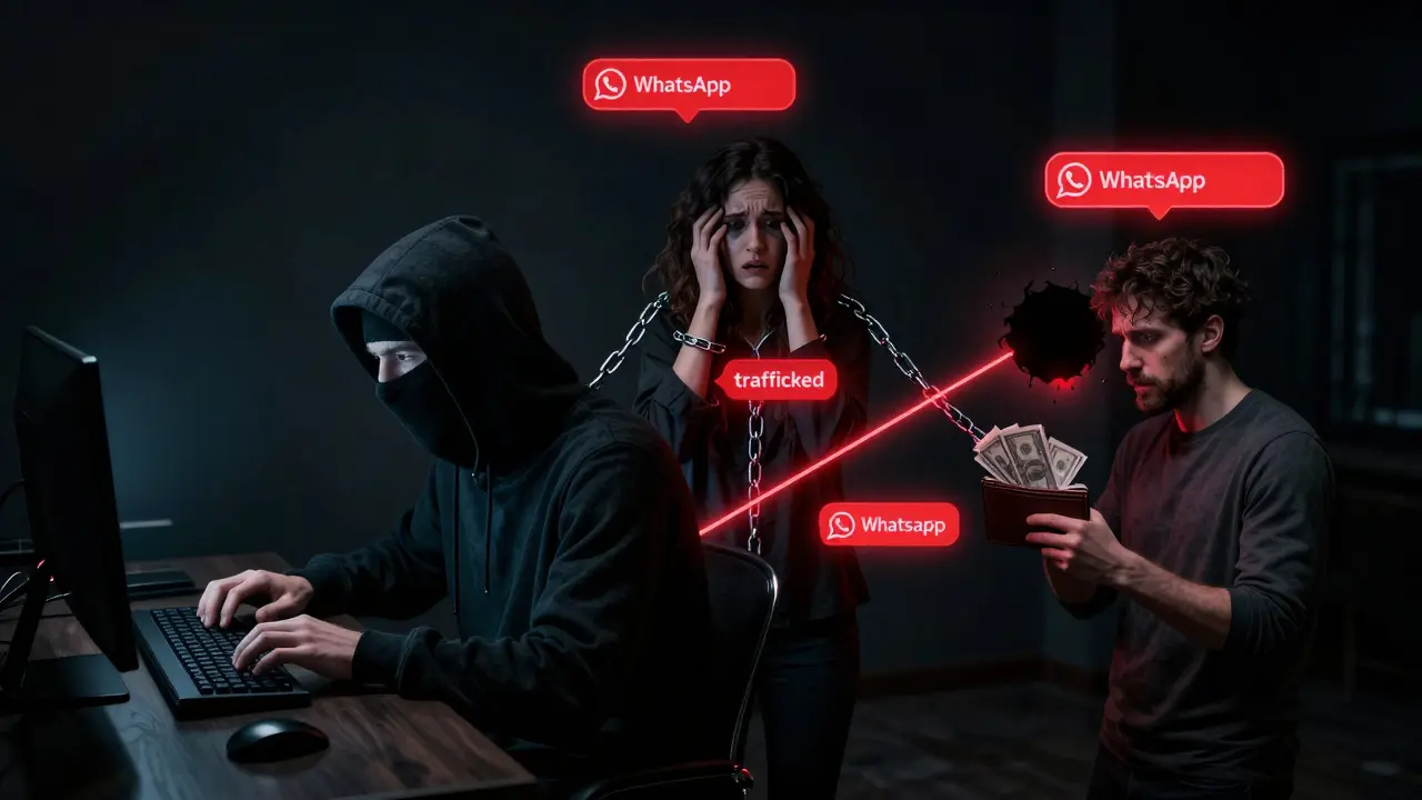 Surreal digital scene showing a scammer, a trafficked woman, and a victim connected by red WhatsApp threads.