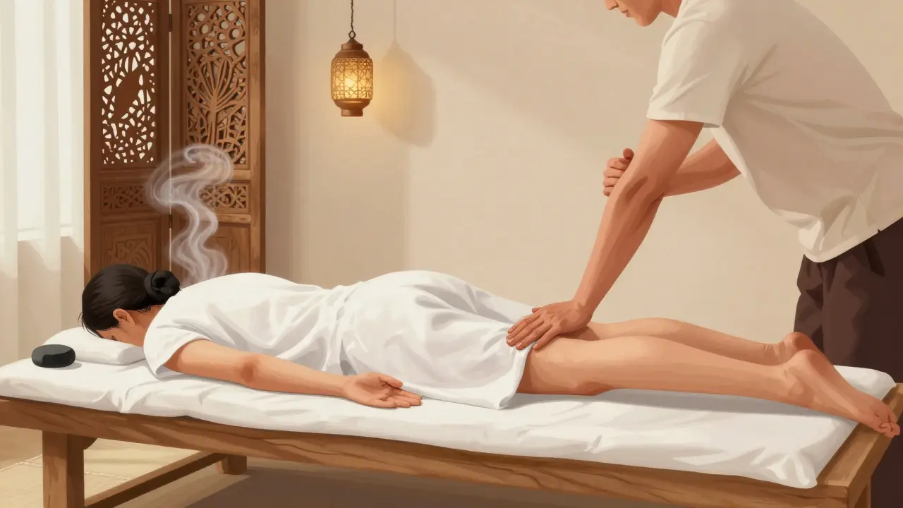 Thai-style body-to-body massage with therapist's leg applying pressure along client's leg on a wooden table.