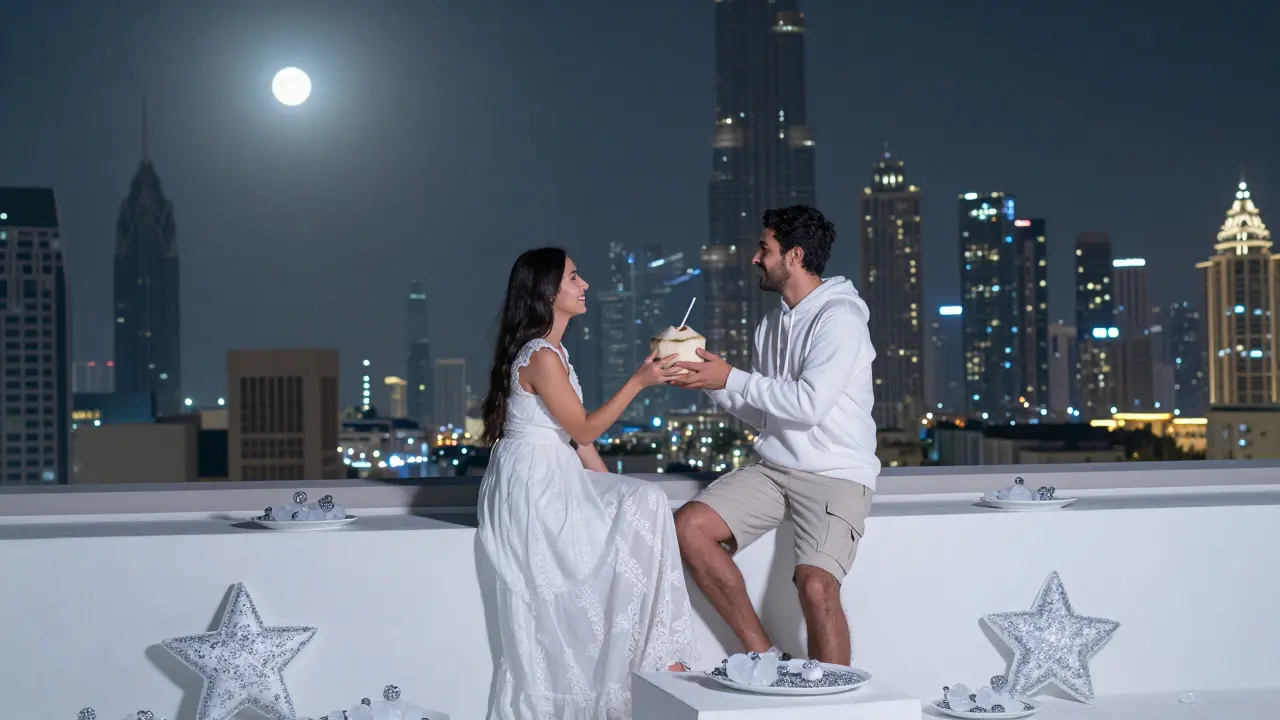 Two people laughing on a rooftop at midnight, city lights behind them, all dressed in white with no visible technology.