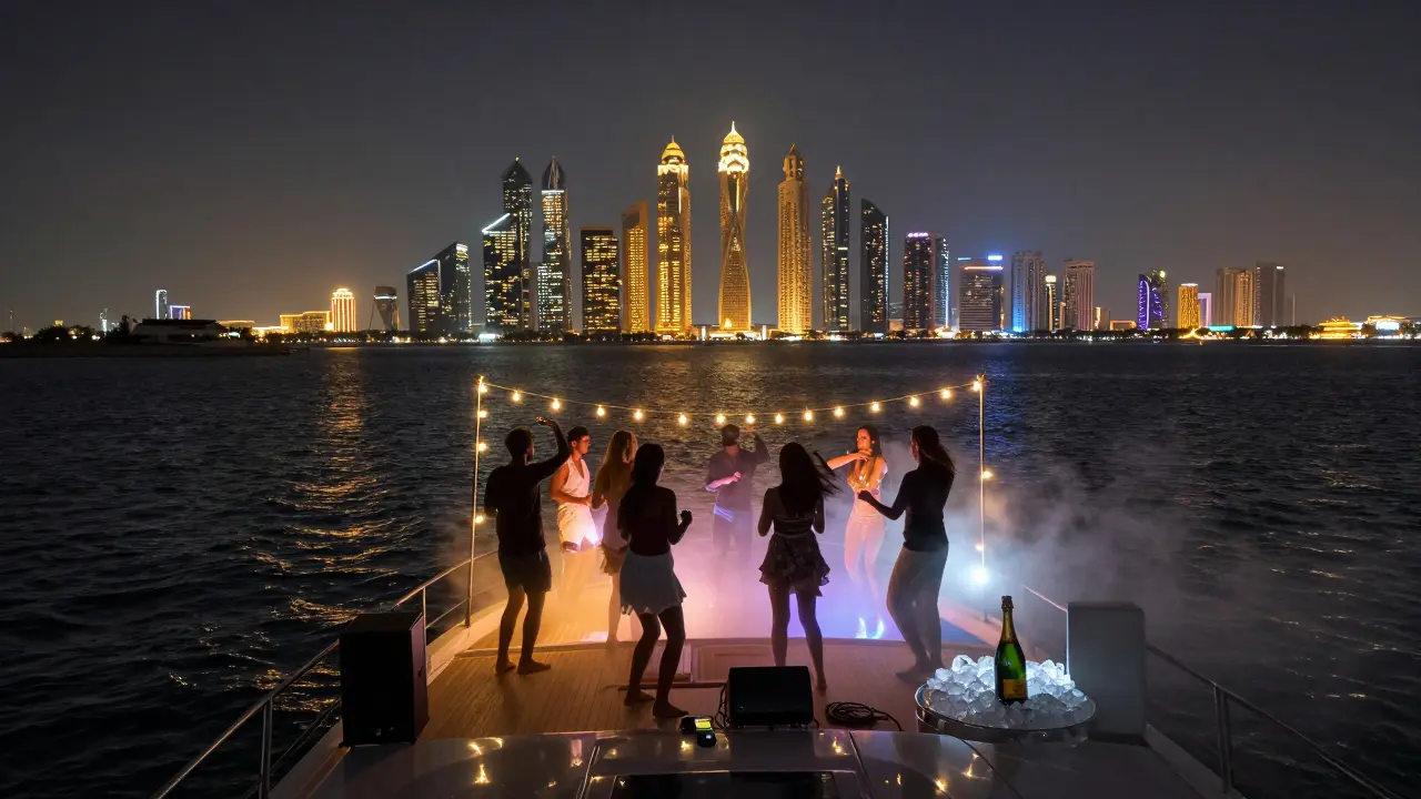 Yacht party at night on Dubai's coast with skyline and dancing silhouettes under string lights.