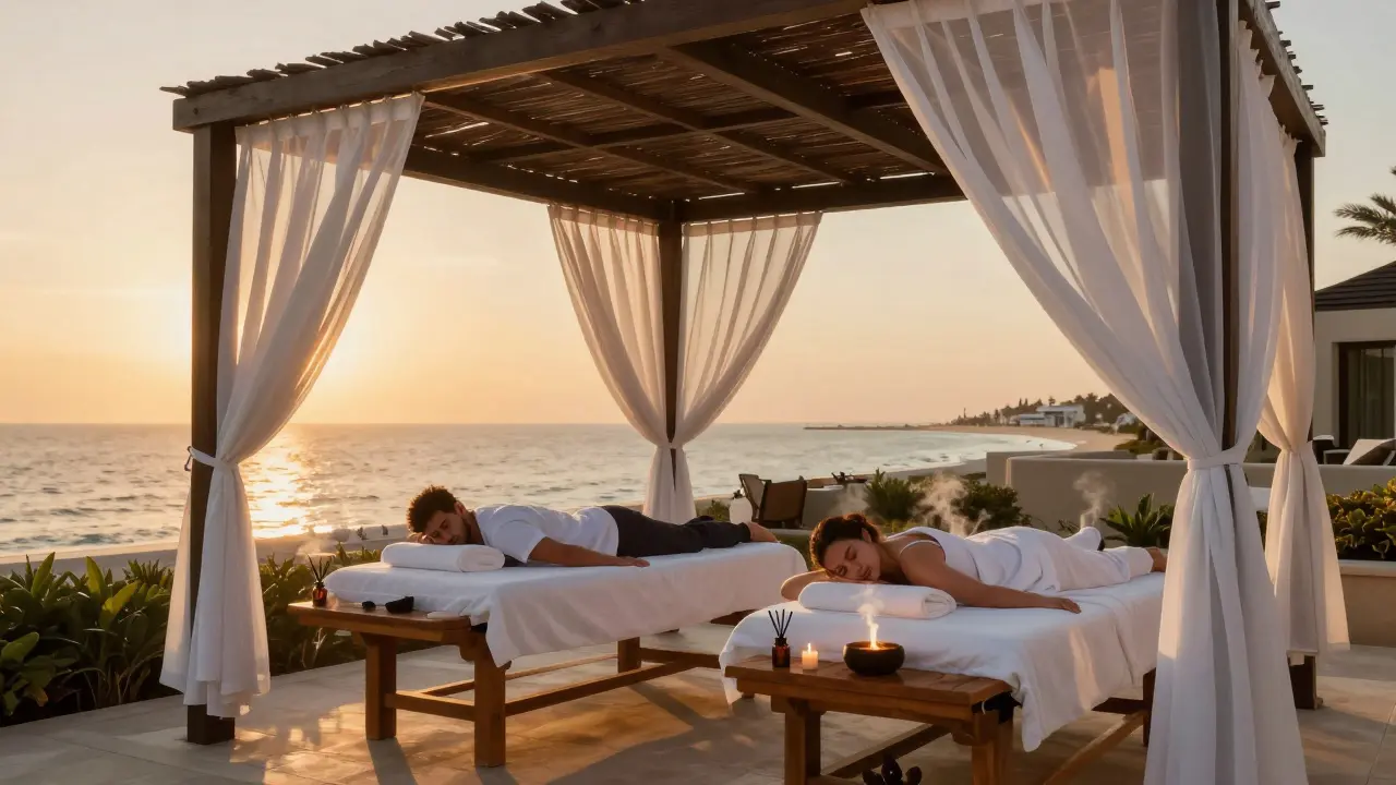 A couple enjoys side-by-side aromatherapy massages on a sunset terrace overlooking the Arabian Gulf.
