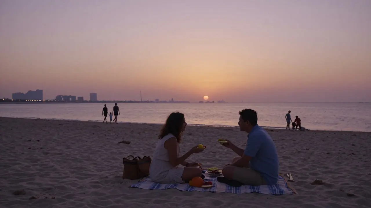 A couple having a quiet beach picnic at sunset in Dubai with families in the distance.