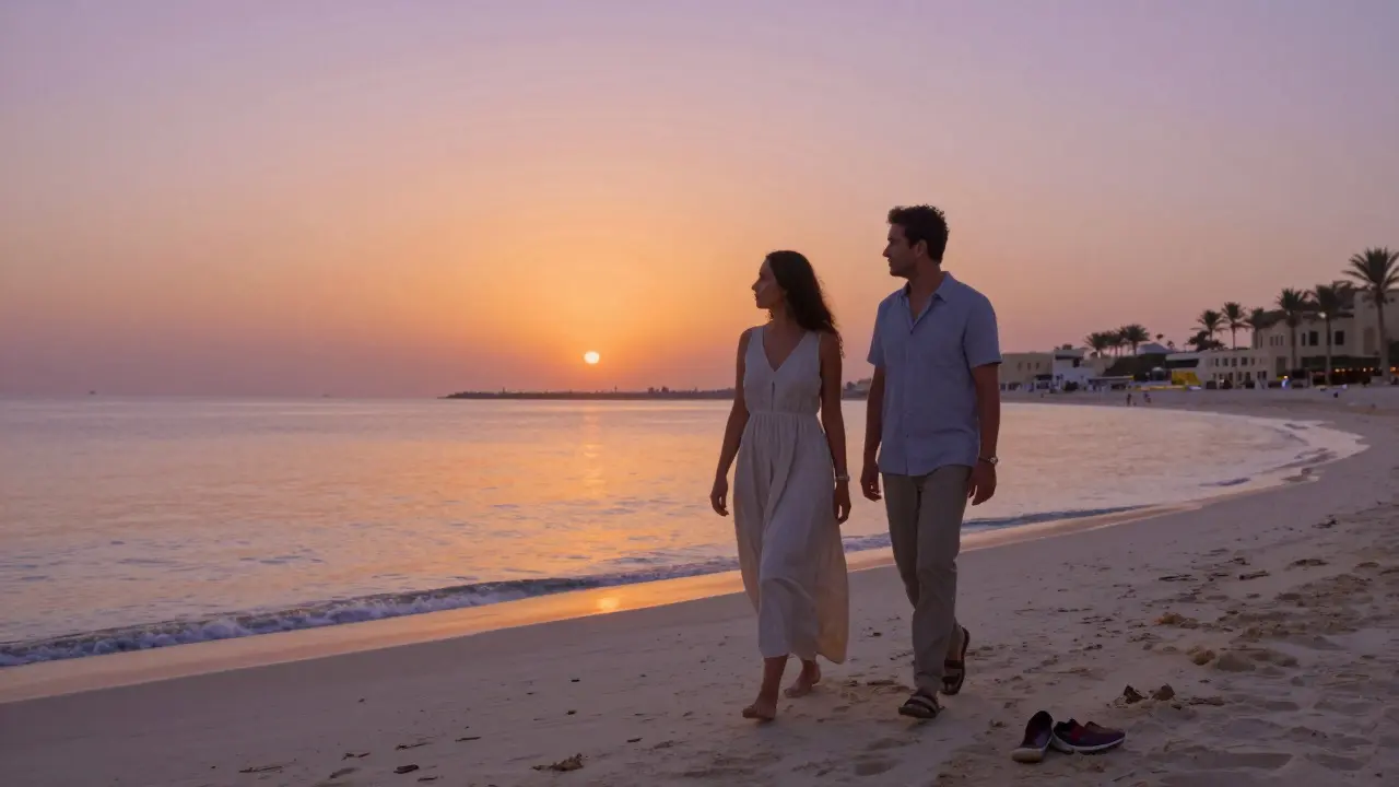 A couple walking slowly along a Dubai beach at sunset, sharing a calm, silent moment as the sky turns golden and purple.
