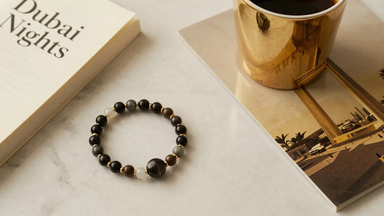 A handmade bracelet and an open book beside a coffee cup, reflecting Dubai's skyline, symbolizing meaningful connection.