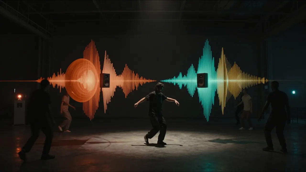 A lone dancer surrounded by glowing sound waves in a hidden warehouse party in Al Quoz.