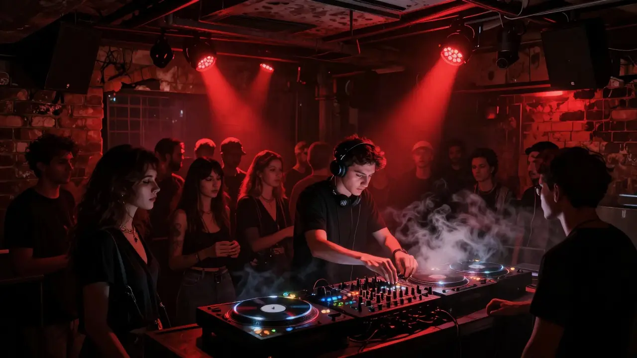 A moody underground club with exposed brick walls and intense techno energy.