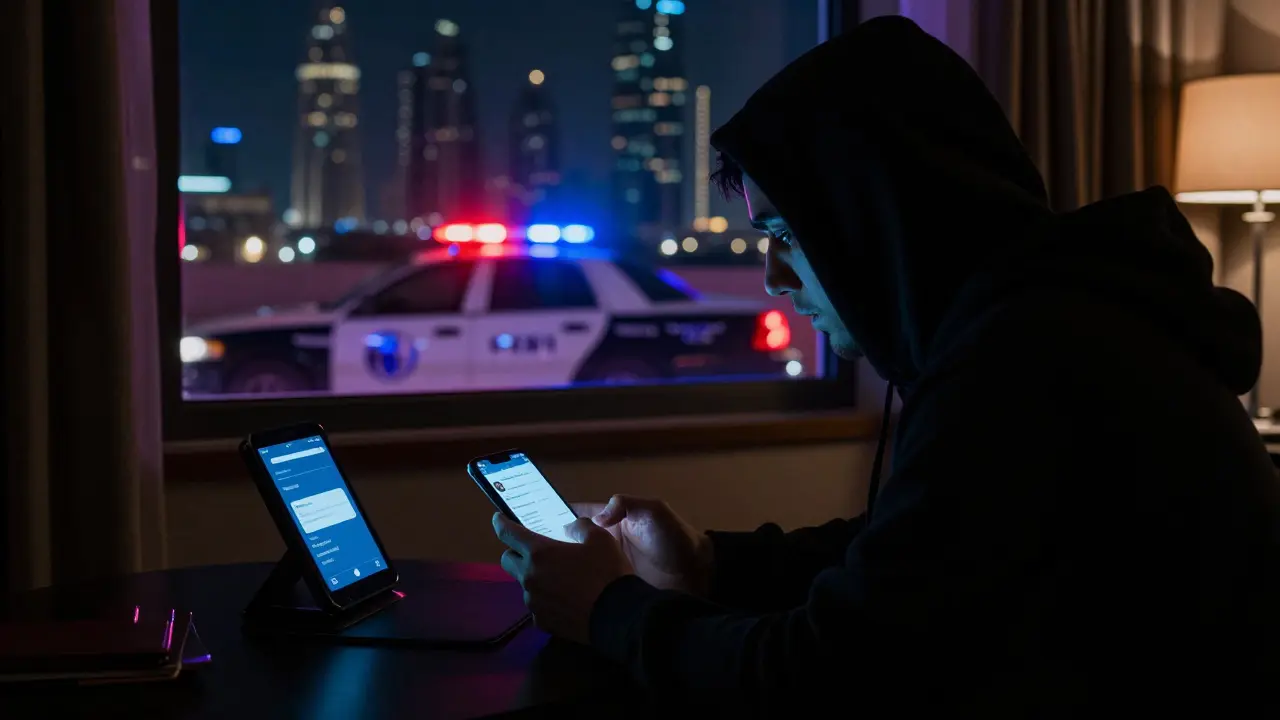 A person in a hotel room with encrypted messages and cash payments, police lights visible outside.