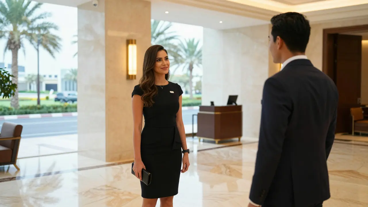 A professional companion meeting a client in a high-end Dubai hotel lobby, both dressed elegantly, atmosphere calm and secure.