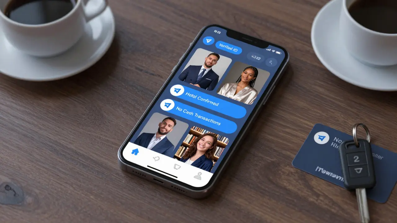 A smartphone screen showing verified companion profiles and secure messaging details on a luxury hotel desk.