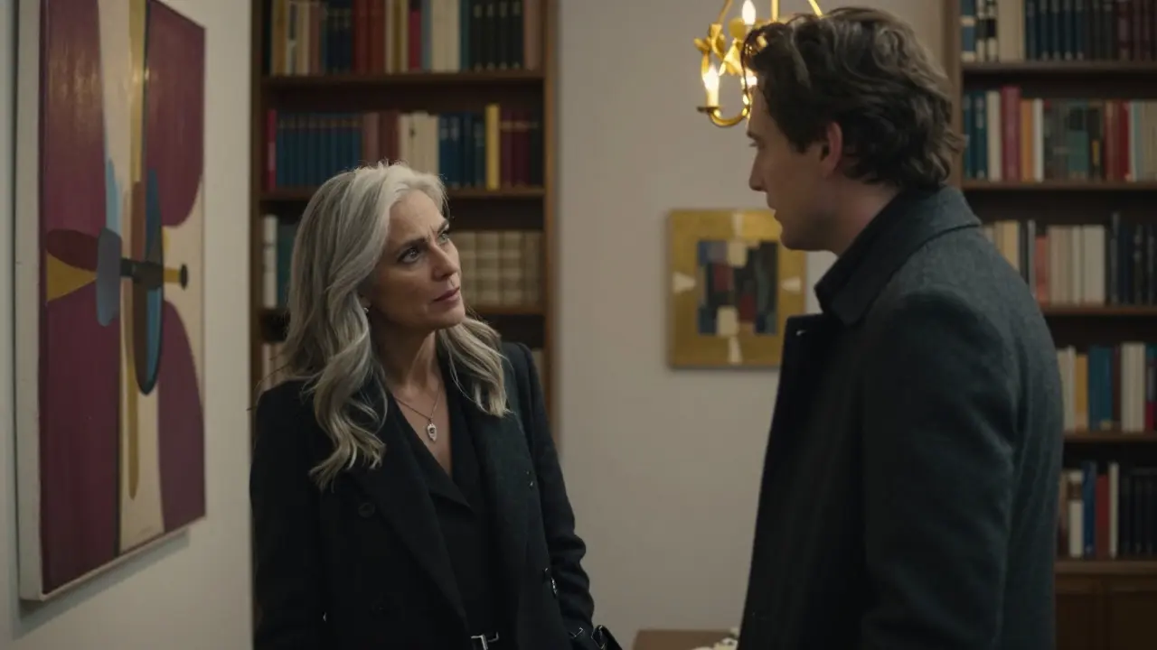 A thoughtful woman listens intently to a man in a private art gallery, soft light highlighting their connection.