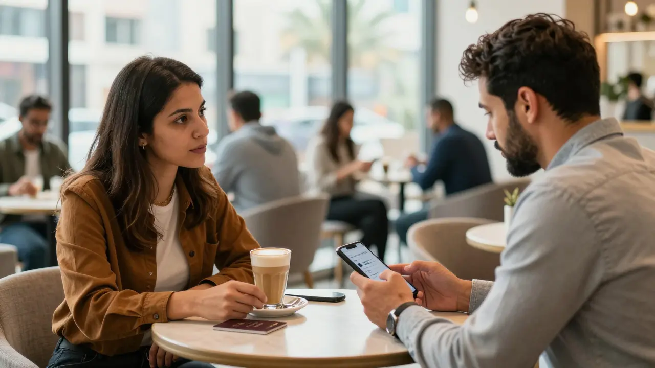A woman and man meeting in a public café in Dubai, with her passport and his phone showing a LinkedIn profile visible.