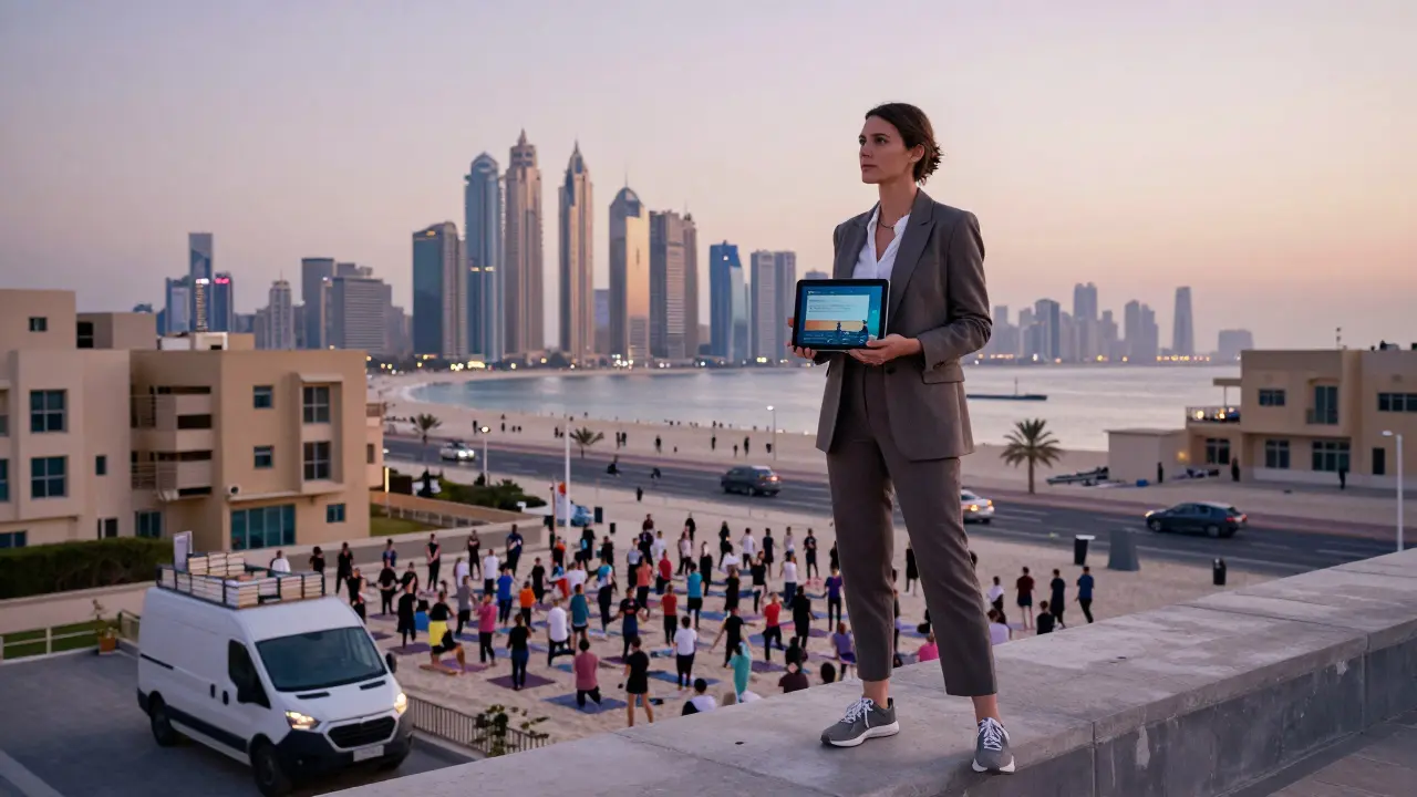 A woman on a rooftop in d3 overlooking Dubai’s skyline, with a community yoga class and mobile library below.