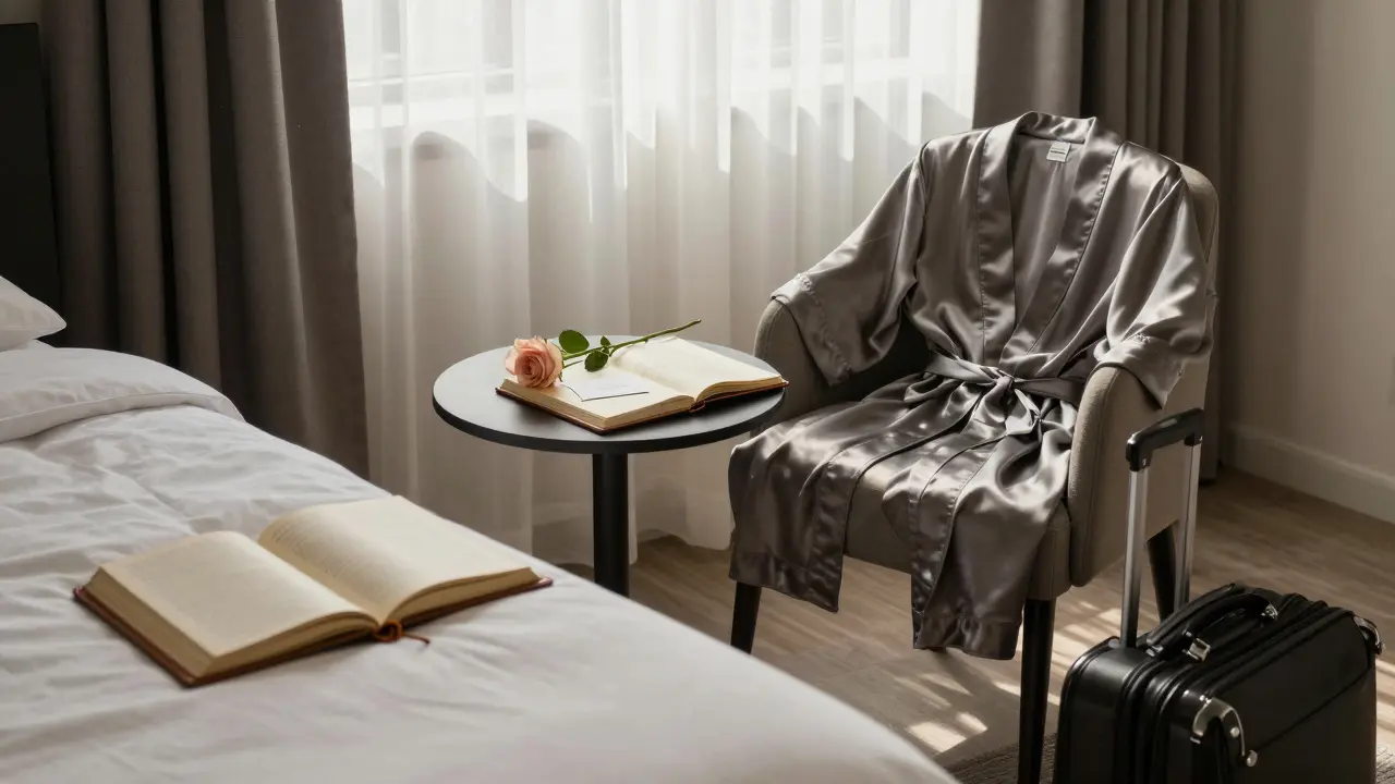 An empty yet lived-in Dubai apartment room, suggesting a brief, respectful companionship.