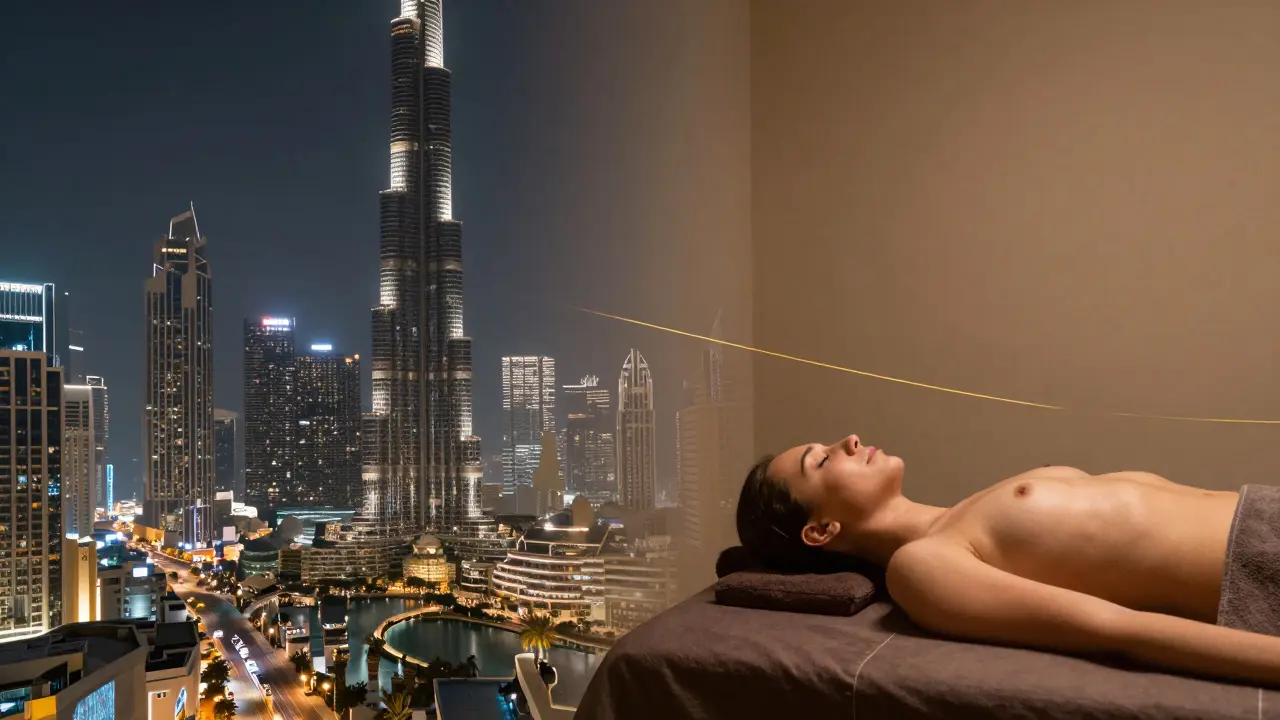 Contrasting image of Dubai’s busy cityscape on one side and a peaceful Thai massage session on the other, connected by a golden energy thread.