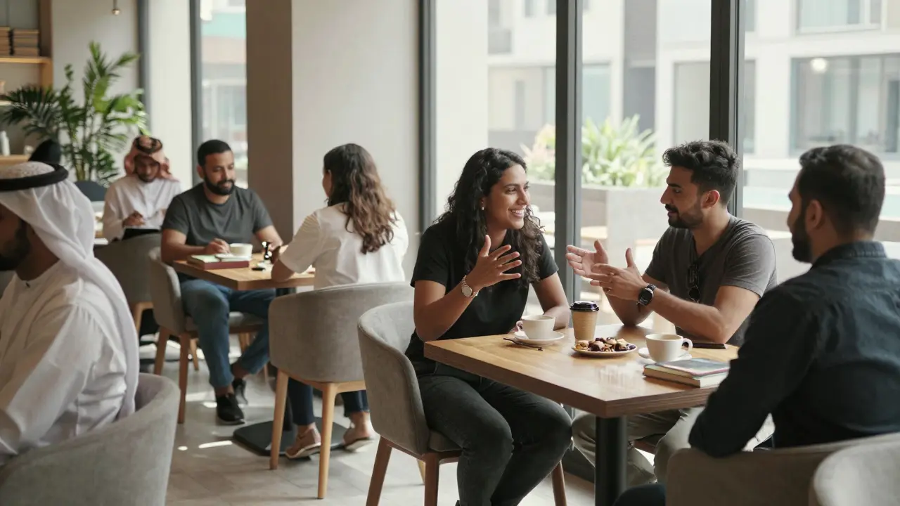 Diverse locals and expats chatting in a sunny Al Barsha coffee shop with yoga mats nearby.