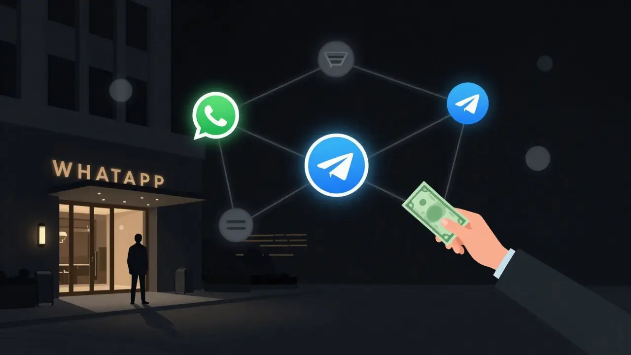 Faint glowing encrypted messages floating in darkness, connected to a hotel entrance and cash, symbolizing discreet companionship in Dubai.