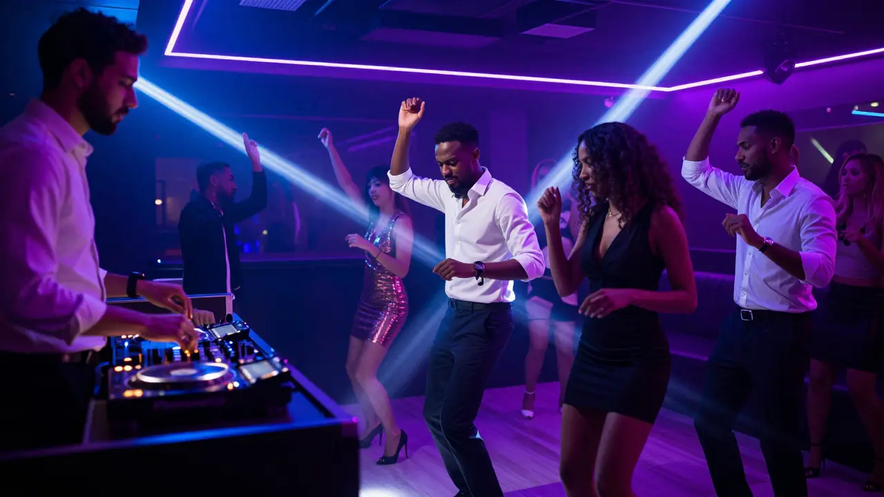 High-energy nightclub with neon lights and dancers in formal attire.