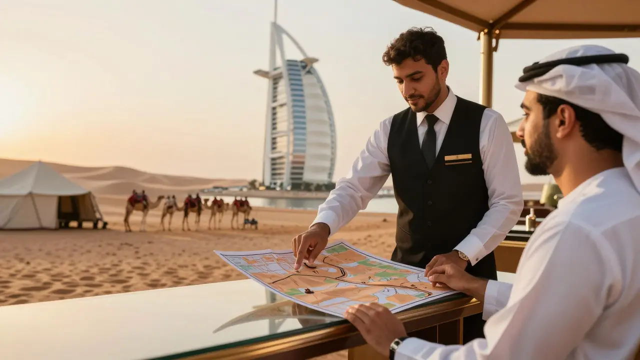 Luxury hotel concierge planning desert safari at Burj Al Arab.