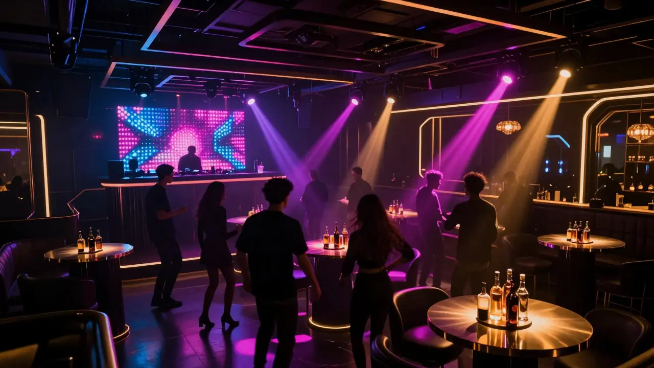 Luxury nightclub with neon-lit dance floor and DJ performance.