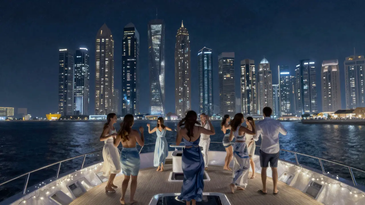Luxury yacht party in Dubai Marina with city skyline and dancing guests.