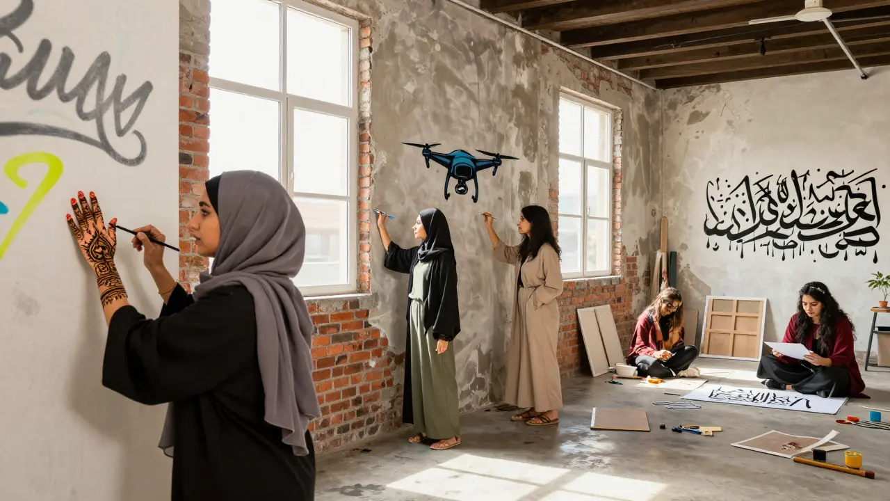 Multicultural women painting a vibrant mural in a converted warehouse, blending traditional and modern art styles.