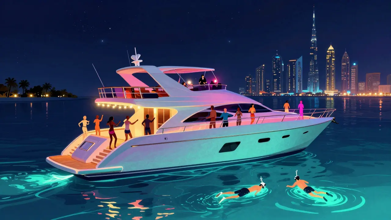 Nighttime yacht party with dancing guests, neon lights, and snorkelers in glowing water under starry skies.