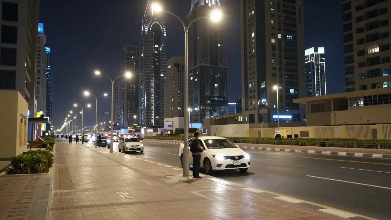 Person waiting for ride-sharing in well-lit Dubai street at night.