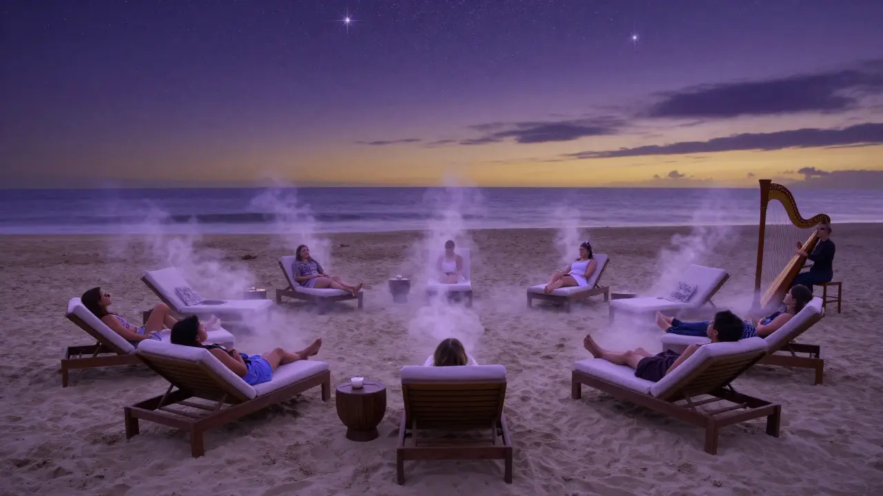 Six people float in a circular arrangement at dusk, surrounded by mist and soft light, a harpist playing unseen in the calm night air.