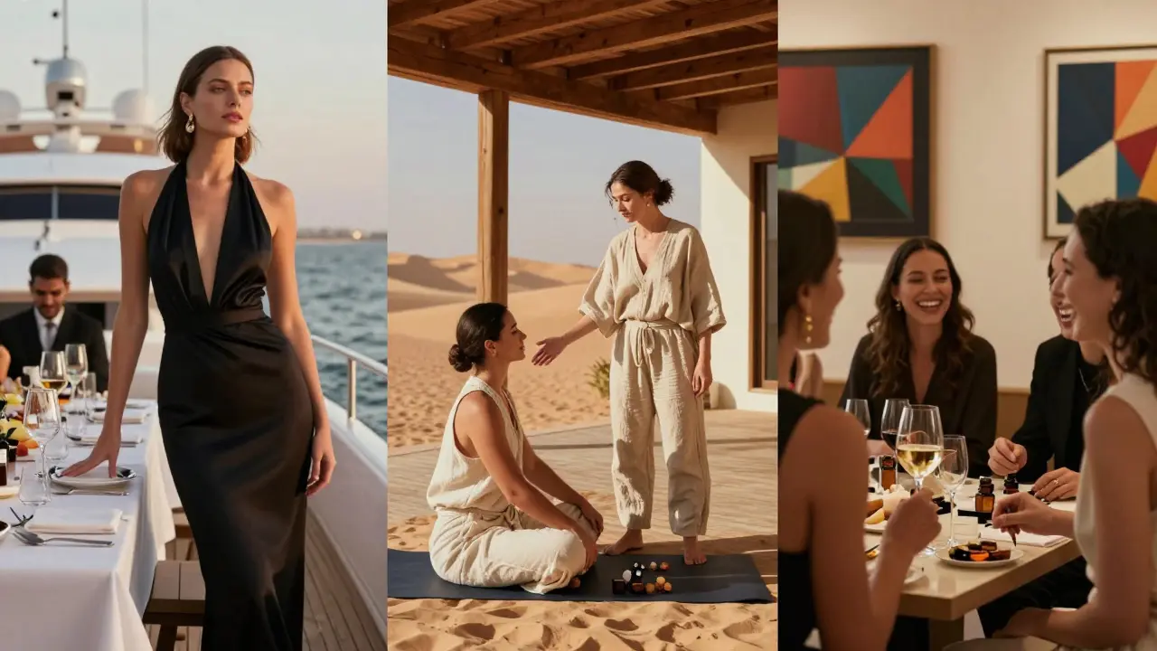 Three distinct premium companions: diplomat, wellness expert, and socialite, each in their signature setting.