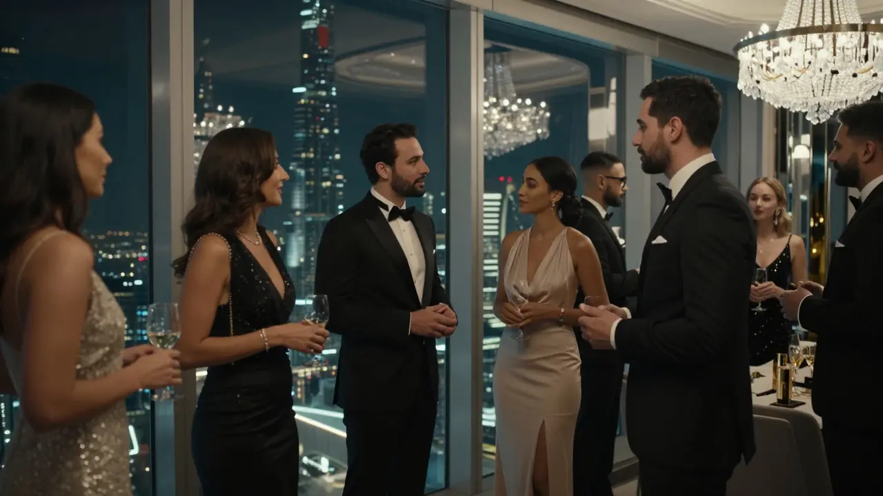Two clients at a luxury Dubai gala, each accompanied by an elegantly dressed escort, engaging in refined social conversation.