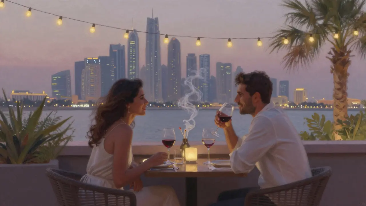 Two people having a thoughtful conversation on a rooftop lounge in Dubai at twilight, surrounded by soft lights.