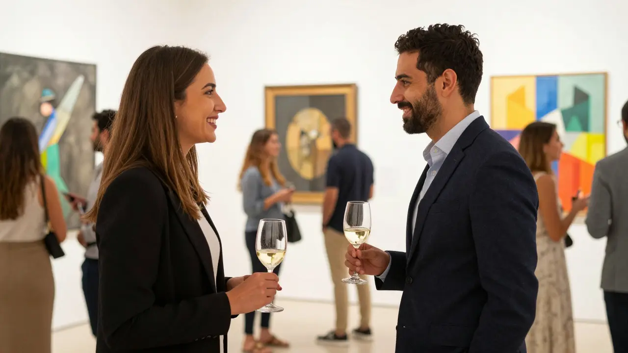 Two people meeting naturally at an art gallery opening in Dubai, surrounded by guests and art.