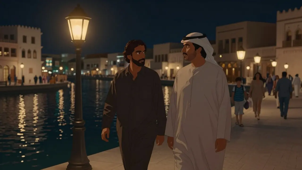 Two people walking peacefully along Al Seef canal at night with soft lantern lights reflecting on water.