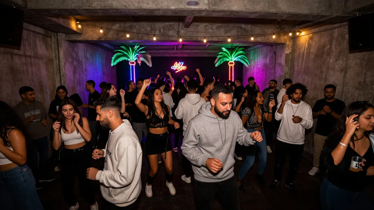 Underground club with neon palm lights and diverse crowd dancing to deep house music.